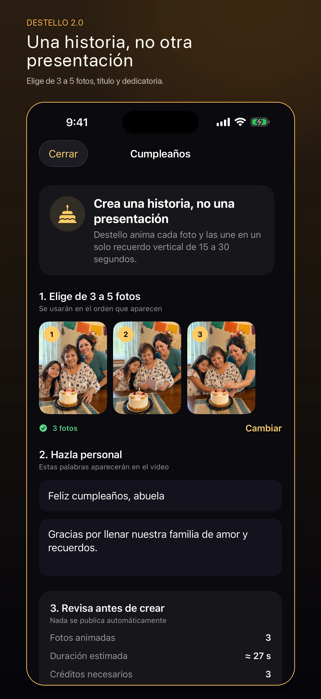 Selección de fotos, título y dedicatoria