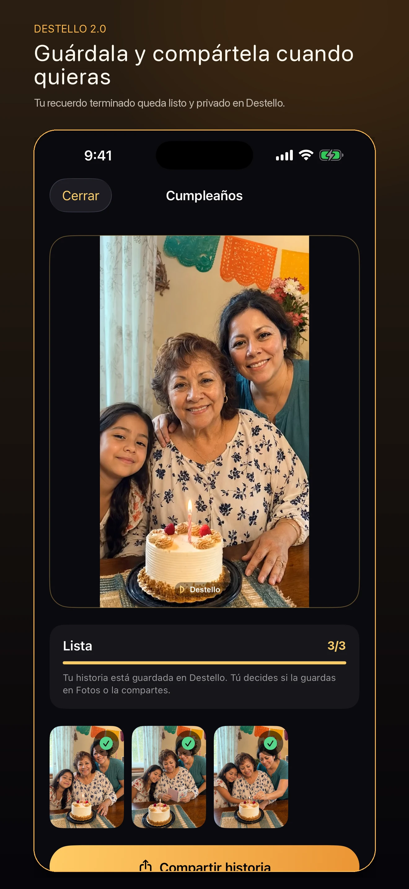 Historia lista para guardar y compartir