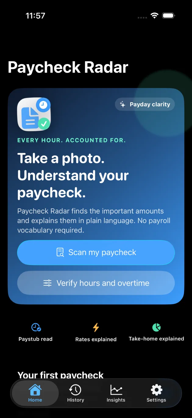 Paycheck Radar home screen