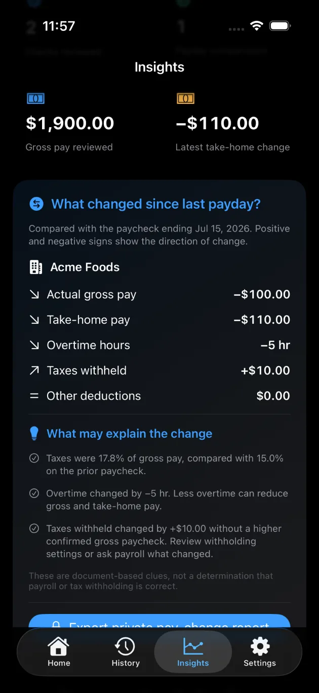 Changes between two paychecks