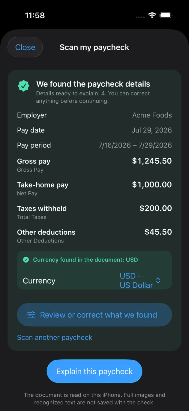Detected paycheck fields ready for review