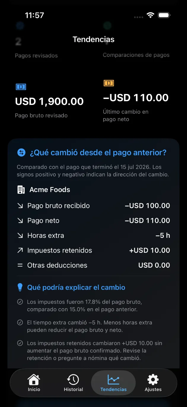 Cambios entre dos pagos