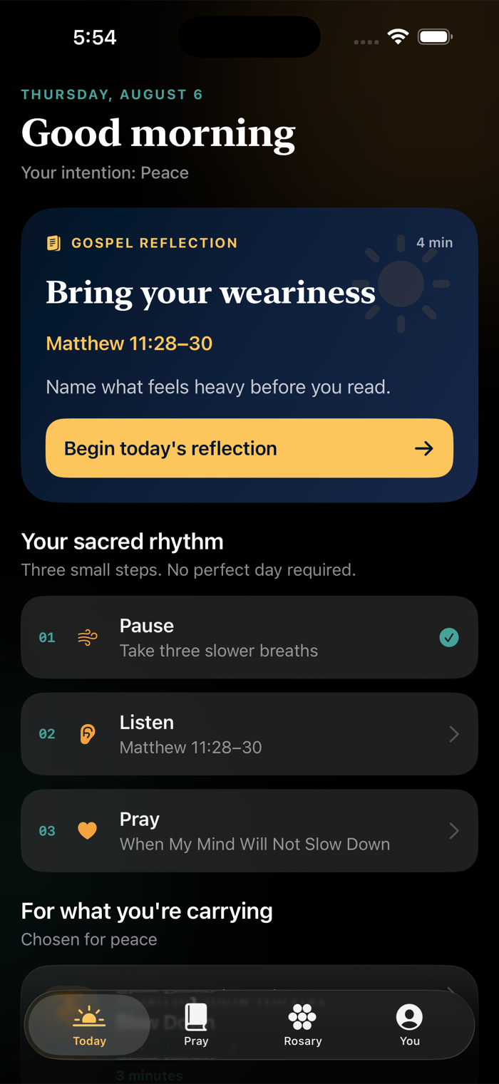 Sacred Day Today screen showing a Gospel reflection and a three-step prayer rhythm