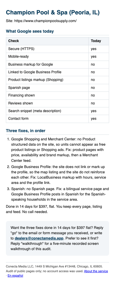 The same one-page audit on a phone, with the checklist and the three numbered fixes stacked in a single readable column.