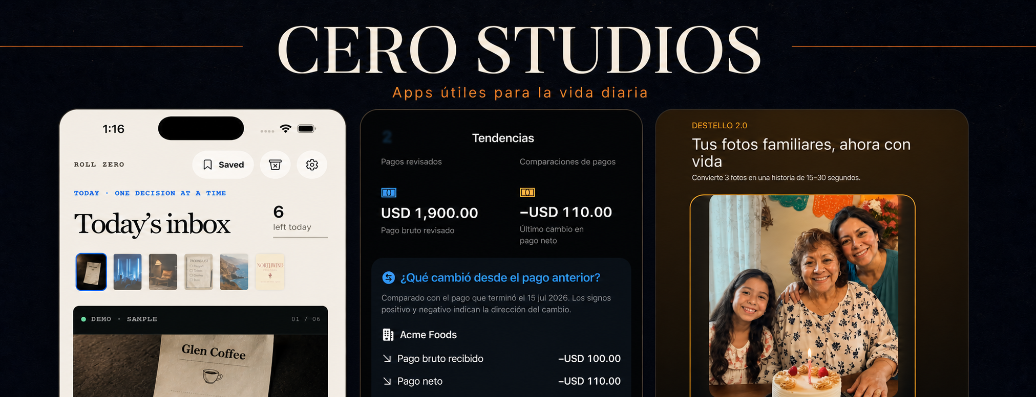 Roll Zero, SueldoClaro y Destello mostrados con pantallas reales